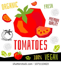 Tomatoes tomato icon label fresh organic vegetable, vegetables nuts herbs spice condiment color graphic design vegan food. Hand drawn vector illustrations.