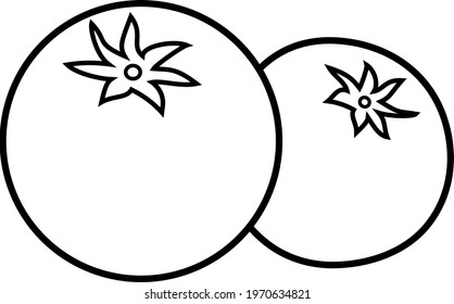 Tomatoes. Two tomatoes with leaves. Stylized image of vegetables. Icon. Vector graphics. Black contour. 