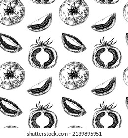 Tomatoes vector graphic seamless pattern. Black and white tomato pattern on white background.