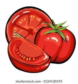 Imagen de Vector de tomates para ketchup, etiquetas de jugo de tomate y diseño de empaque de alimentos, ilustración de estilo de boceto dibujado a mano aislado sobre fondo blanco.