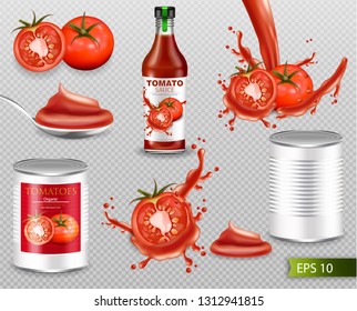 Tomatoes Vector realistic set with splash, ketchup bottle, canned metallic tin. Label design template. 3d detailed illustrations