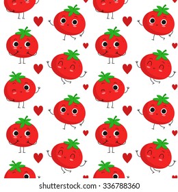 Tomatoes, vector seamless pattern with cute vegetable characters and hearts isolated on white