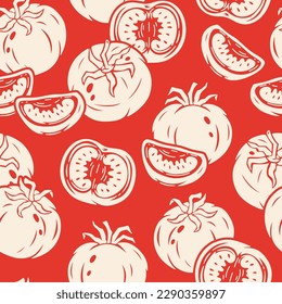 Tomatoes. Vector Tomato Seamless pattern. Slice of tomato. Fresh Vegetables. Food Red Background. Great for food Wrapping Paper, Packaging