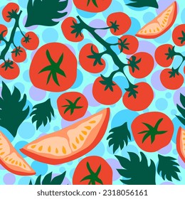 Tomatoes vegetation with polka dot textured background seamless vector repeat pattern. Tomatoes, leaves and cut slices seamless vector repeat pattern. Suitable for tiles, decoration, textile and more.