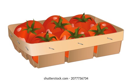 Tomatoes in a veneer basket. Red tomatoes in a box. Packaging of goods. Realistic design. Seasonal vegetables. 