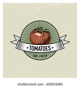 tomatoes Vintage set of labels, emblems or logo for vegetarian food, vegetables hand drawn or engraved. Retro farm american style.