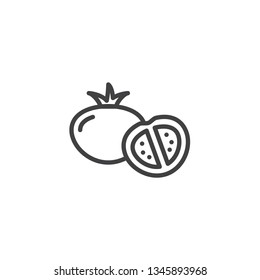 Tomatoes whole and a half line icon. linear style sign for mobile concept and web design. Sliced tomato, vegetable outline vector icon. Healthy food symbol, logo illustration. Pixel perfect vector