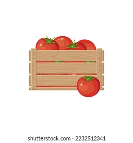 Tomaten in einer Holzkiste, Vektorgrafik. Cartoon Zeichnung von Tomaten vom Bauernhof oder Garten für den Export einzeln auf weißem Hintergrund. Bio-Lebensmittel, Landwirtschaft, Gartenbau