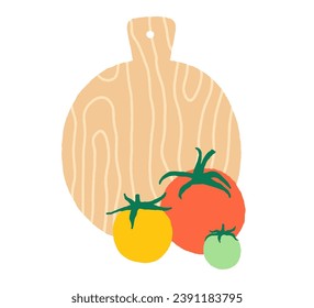 Tomatoes and wooden cutting board. Colorful hand drawn tomatoes. Flat vector illustration isolated on a white background