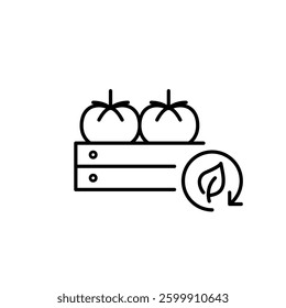 Tomatoes in wooden farmers crate, leaf in recycling arrow. Eco-friendly organic food. Vegetarian diet. Pixel perfect, editable stroke vector icon