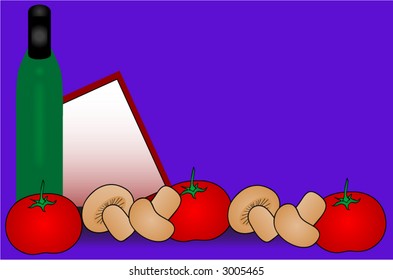 Tomato,mushroom,bottle and blank recipe card background.