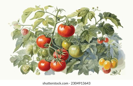 Tomato's varieties botanical illustration watercolor painting Abstract background.
