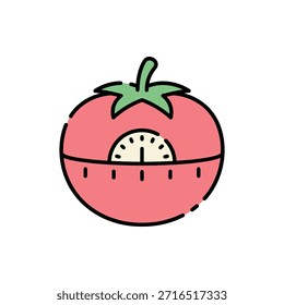 Un temporizador de cocina en forma de tomate (Pomodoro) que representa la gestión del tiempo y las sesiones de enfoque en línea rota estilo MBE.