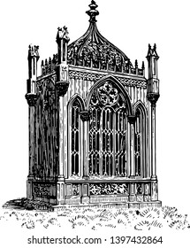 The tomb of 5th President of the United States Mr. James Monroe located at Hollywood Cemetery in Richmond Virginia vintage line drawing or engraving illustration.