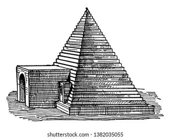 Tumba en Abydos, estructural, piramidal, más venerado, pirámide de tumbas abidos, arquitectura egipcia antigua, cementerio, dibujo de líneas vintage o ilustración de grabado.