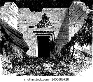 Tomb of Atreus the Treasury of Atreus tomb located in Mycenae The face of the tomb consists a triangle above the doorway a semi to underground circular room vintage line drawing or engraving