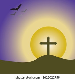 Tomb with crosses and bats isolated . Silhouette tombstones icon. Halloween concept. symbol. Vector stock Background of watercolor sky and yellow moon,EPS10