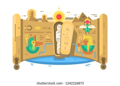 Tomb of egyptian pharaoh at pyramids vector illustration. Ancient gold sarcophagus of the faro flat style concept. Mummy of the Egypt ruler. Egyptian mythology