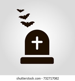 Tomb gravestone with flying bats isolated flat vector icon