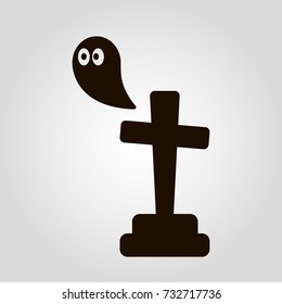 Tomb gravestone with flying ghost over isolated flat vector icon