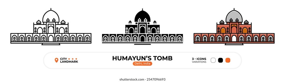 Humayuns Grabliniensymbol. Delhi Indien, Silhouette, Farbsymbol, editierbarer Strich.
