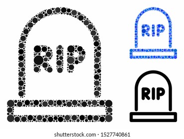 Tomb mosaic of filled circles in variable sizes and color tinges, based on tomb icon. Vector filled circles are composed into blue collage. Dotted tomb icon in usual and blue versions.