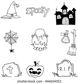 Tomb pumpkins broom element halloween doodle vector art