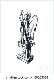 tomb sculpture - praying angel with wings. illustration. drawn in ink by hand. isolated vector. vintage. design for Halloween, as well as for funeral