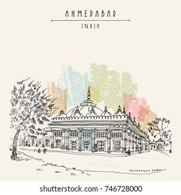 Tomb of Sheikh Ganj Baksh in Sarkhej Roza near Ahmedabad (Ahmadabad), Gujarat, India. Ornate stonework. Travel sketch art. Vintage hand drawn postcard. Vector illustration