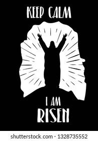 Tomb with silhouette of Jesus Christ.Keep calm, I am risen. Easter illustration. Religious card