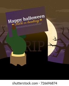 Tomb Stone Zombie Hand From Ground Flat Vector Illustration Halloween Banner 