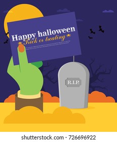 Tomb Stone Zombie Hand From Ground Flat Vector Illustration Halloween Banner 