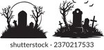 Tomb Stones in Vector Silhouettes for Halloween: Gravestone, Headstone, and Tombstone Icons. Christian Cemetery Monuments, Funeral Grave Burial, and Graveyard Tombstones