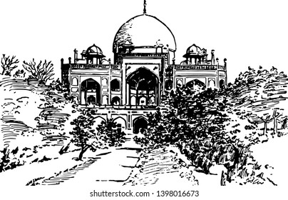 Tomb Of Sultan Humayun Where India Is An Example Of Indo Saracenic Architecture Vintage Line Drawing Or Engraving Illustration.