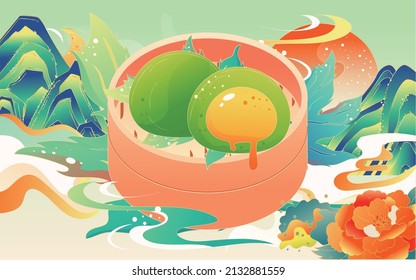 Tomb Sweeping Day, food surrounded by mountains and clouds, Chinese festival, vector illustration