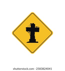 tomb warning sign icon, tomb with cross symbol - memorial area on yellow rhombus board