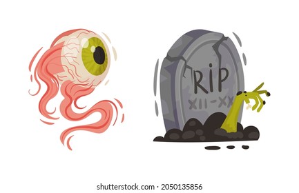 Tomb with Zombie Hand and Eye as Halloween Symbol Vector Set