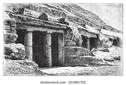 Tombs of Beni Hasan / vintage illustration from Brockhaus Konversations-Lexikon 1908