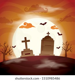 tombs of cemetery in scene halloween