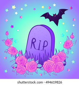 Tombstone  bat  roses  Glamour Halloween background in neon pastel colors  Cute gothic style  Colorful rainbow concept   