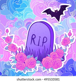 Tombstone, bat, roses. Glamour Halloween background in neon pastel colors. Cute gothic style. Colorful rainbow concept.  