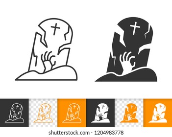 Tombstone with bony hand black linear, silhouette icons. Thin line gravestone sign. Cemetery Grave outline pictogram isolated on white, transparent. Vector Icon shape. Halloween simple symbol closeup
