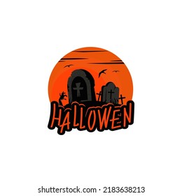 Tombstone, cemetery and moon. Halloween template. Vector illustration on a white background