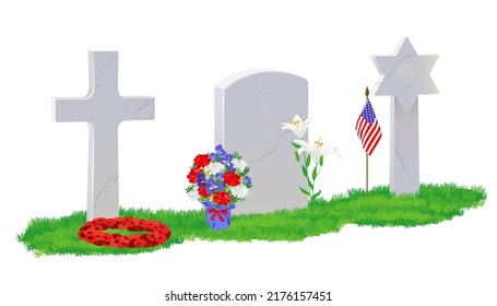 Tombstone, Christian cross Jewish tombstone in the shape of the star of David on the green lawn. Small American flags are laid on the grave in memory of the heroes. Memorial Day (Decoration Day).