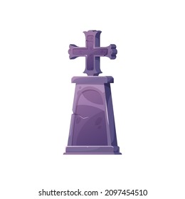 Tombstone With Cross Cartoon Icon, Grave Stone Isolated Halloween Symbol. Vector Cemetery And Graveyard Sign, Headstone, Burial Tombstone With Cross. Mystery Cemetery And Graveyard Object, Old Tomb