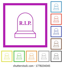 Tombstone with cross flat color icons in square frames on white background