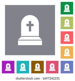 Tombstone with cross flat icons on simple color square backgrounds