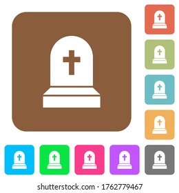 Tombstone with cross flat icons on rounded square vivid color backgrounds.