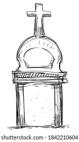 Tombstone with cross and front view in hand drawn style, isolated over white background.