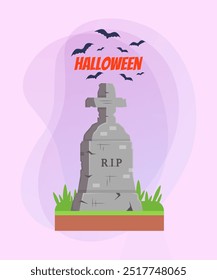 Grabstein mit Kreuz für Halloween Banner Design. Beschriftung mit fliegenden Fledermäusen auf abstraktem Hintergrund. Feiertage, Feiern, Todeskonzept. Vektorgrafik für Poster